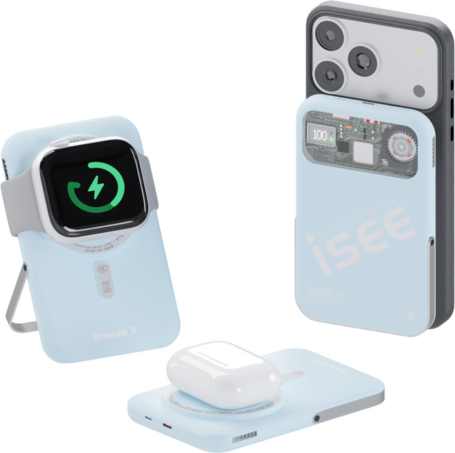 아이시(isee)맥세이프 준고체 보조배터리 10000mAh CCC 인증 3in1 냉각 15W 무선충전 22.5W 고속충전 애플워치 갤럭시워치 브리즈X, 스카이 블루