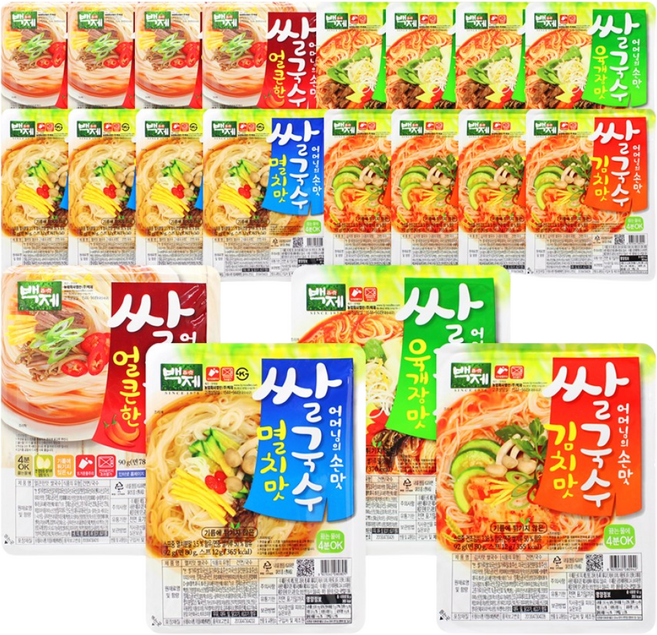 백제 쌀국수 4종 (멸치맛 5개+김치맛 5개+육개장맛 5개+얼큰한맛 5개) 총20개, 20개, 92g
