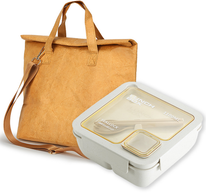 온다온 샐러드 도시락통 + 타이백 도시락가방 세트 밀짚 밀프랩 용기 런치박스 직장인, 1세트, 샐러드통(1100ml) + 브라운