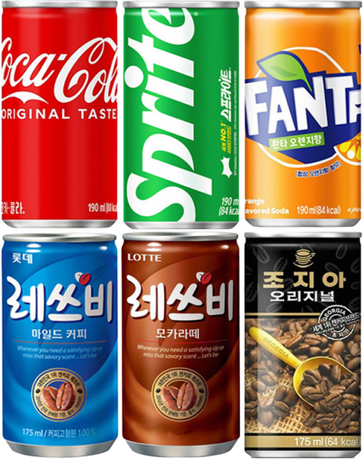 마셔몰(탄산+커피 혼합세트" 6가지맛 각10캔씩 총60캔) (코카콜라+스프라이트+환타오렌지)+(레쓰비마일드+레쓰비모카+조지아오리지널), 175ml, 60개