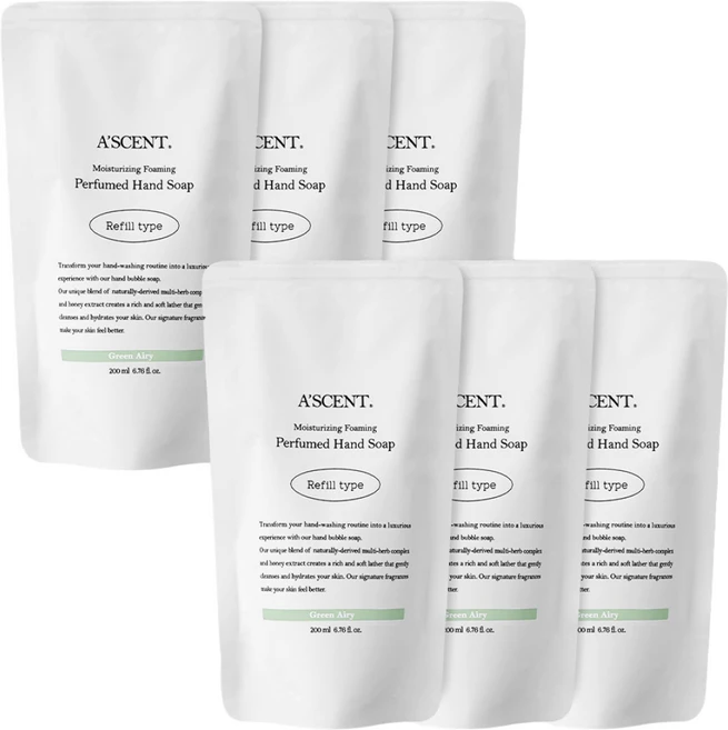 에이센트 버블 솝 핸드워시 리필 파우치 200ml 6개입+6개입 (총 12개), 그린에어리 6개, 그린에어리 6개 - 쿠팡