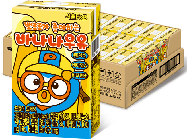 Seoul F&B Pororo喜歡的風味牛奶, 香蕉口味, 140ml, 24瓶