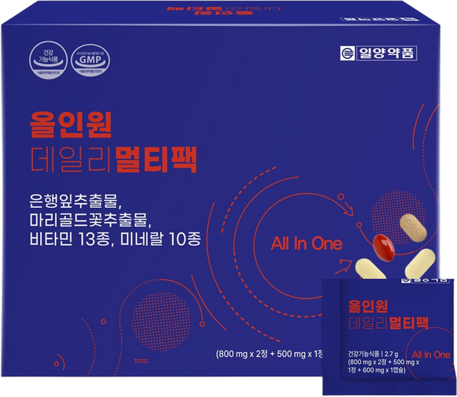 일양약품 올인원 데일리 멀티팩 종합영양제 비타민 미네랄 은행잎추출물 마리골드꽃추출물, 1개, 30회분