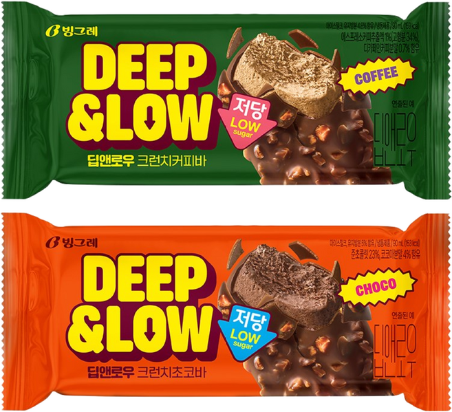 빙그레 딥앤로우 저당아이스크림 2종 혼합(크런치초코6+크런치커피6) 총 12개, 크런치초코6+커피6, 90ml