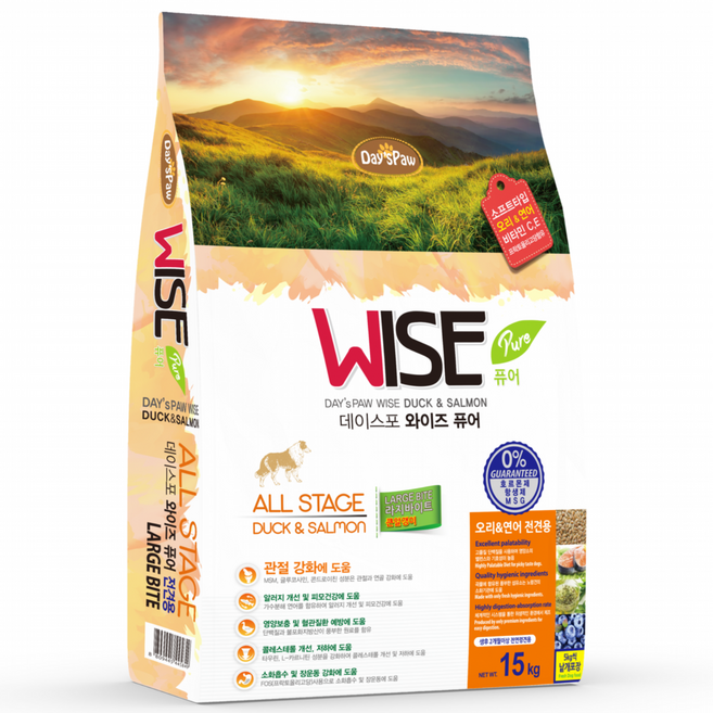 데이스포 와이즈퓨어 라지바이트 LB 저알러지 기호성 좋은 전연령 강아지 소프트사료 대형견사료, 연어+오리, 15kg, 1개
