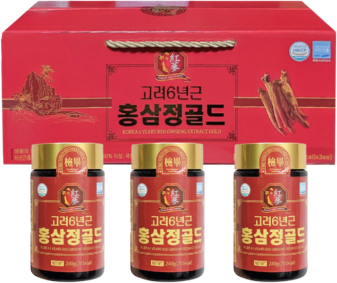 6년근 고려 홍삼 진액 골드 선물세트 3개입 (총 720g) 액상 홍삼 엑기스 선물용/가정용 도매/대량납품, 720g, 1개