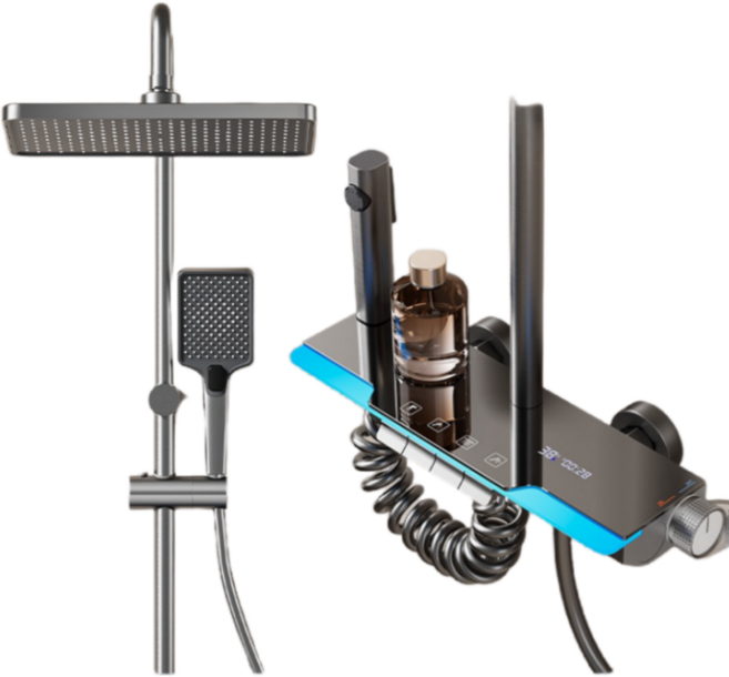 DAER 고급형 LED 수온표시 해바라기 샤워기 수전세트 선반형 다기능 스마트 샤워기 세트 수압상승, 그레이, 1개