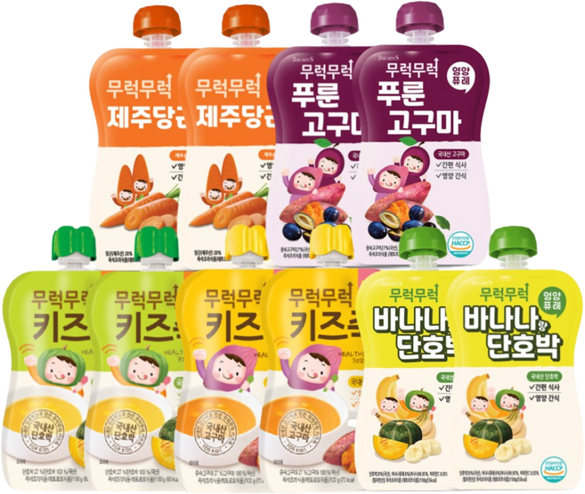 무럭무럭 키즈죽 과일퓨레 알뜰 10팩 (고구마 단호박 제주당근 바나나단호박 푸룬고구마 각 2팩), 100g