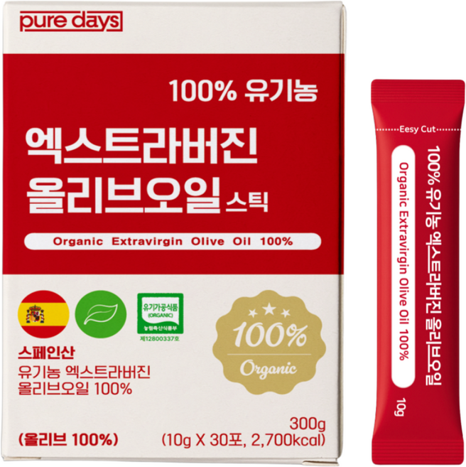 퓨어데이즈 아침엔 냉압착 유기농 엑스트라버전 올리브오일 100% 스틱 엑스트라버진, 30개, 10g