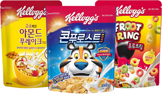 켈로그 시리얼 3종(콘푸로스트300g+후르트링320g+아몬드후레이크300g), 1세트