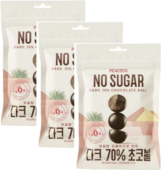 피코크 무설탕 초콜릿으로 만든 다크 70% 초코볼, 3개, 90g