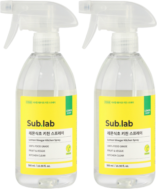 서브랩 레몬식초 키친 세정 스프레이, 2개, 500ml