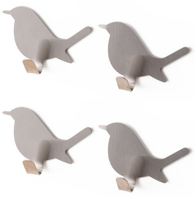 리빙스토어 강력 접착 스테인레스 후크, 실버 아기새, 4개