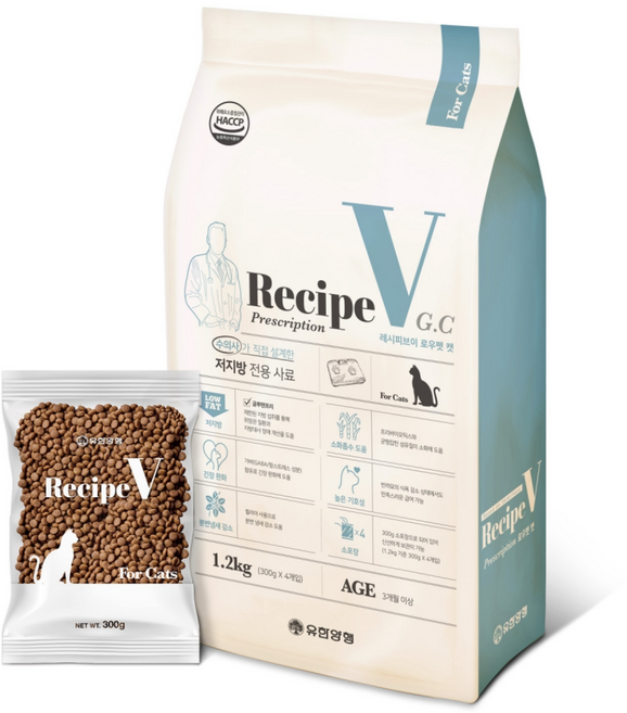유한양행레시피브이 고양이 처방식사료, 저지방, 1.2kg, 1개