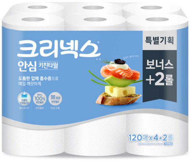크리넥스 안심 키친타올 120매 2겹, 6롤, 1개