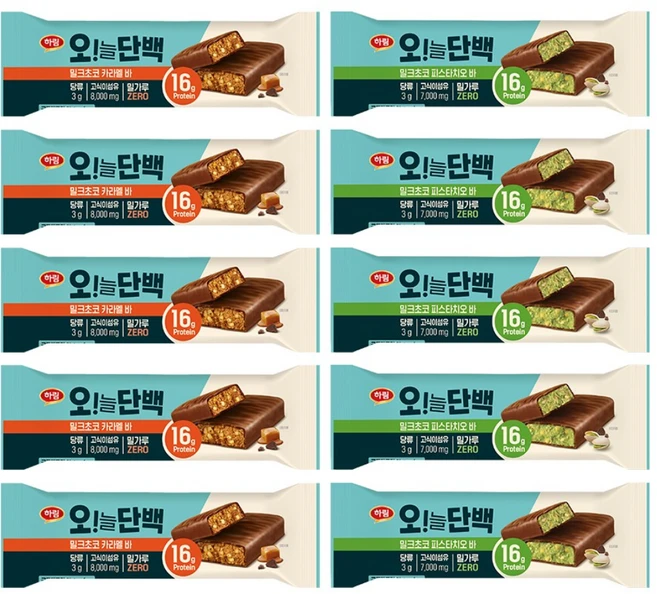 하림 오늘단백밀크초코카라멜바+피스타치오바 48g 각 5개, 총10개 - 쿠팡