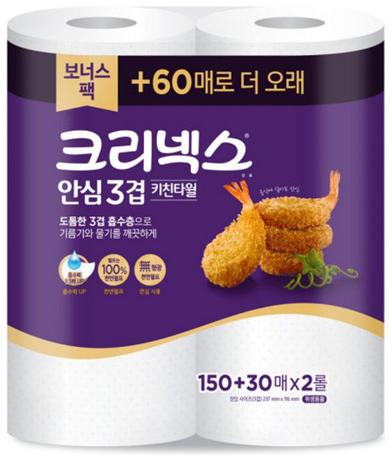 크리넥스 안심 3겹 키친타월 프리미엄, 180매, 2개