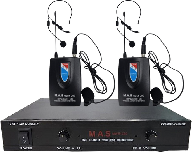 MAS 무선마이크 세트 2채널 강의 방송용 공연용 행사용 강연용 MWR-220, 헤드셋+헤드셋