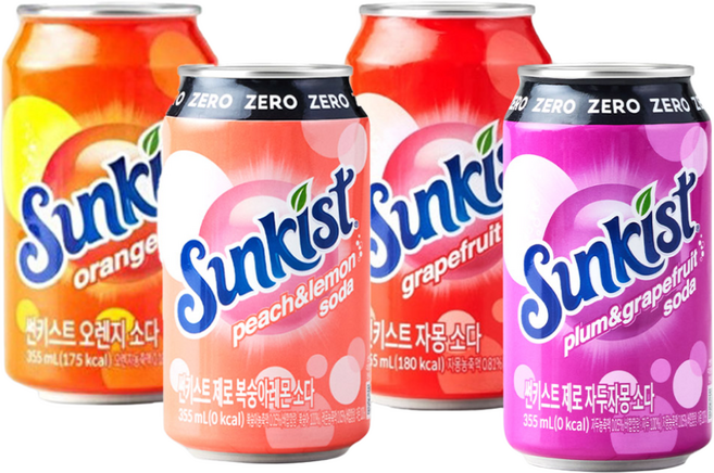 광동 썬키스트 과즙 탄산 4종 혼합 총 48캔(제로 자두자몽 12 제로 복숭아레몬 12 오렌지 12 자몽 12), 48개, 355ml