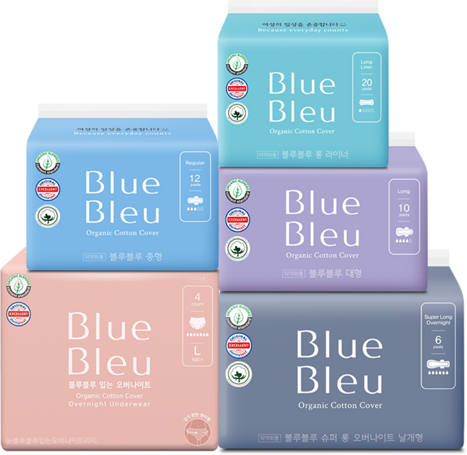 블루블루 유기농 생리대 입는 오버나이트 (라지) 4p (1팩) + 라이너 20p (1팩)+ 중형 12p (1팩) + 대형 10p (1팩) + 오버나이트 6p (1팩), 1개
