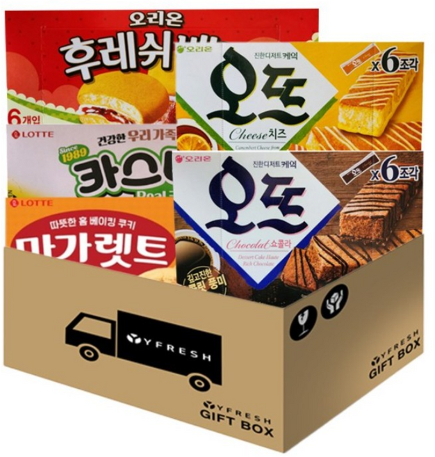 인기과자 5종 (마가렛트 176g 후레쉬베리 168g 오뜨 쇼콜라 150g 오뜨치즈 144g 카스타드 138g)+ YFRESH박스, 1세트