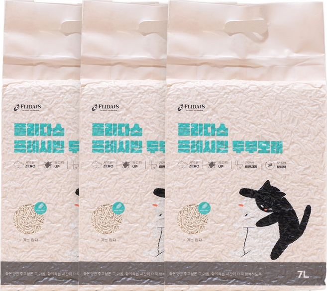 플리다스 고양이 프레시빈 가는입자 두부모래, 베이비파우더, 3개, 7L