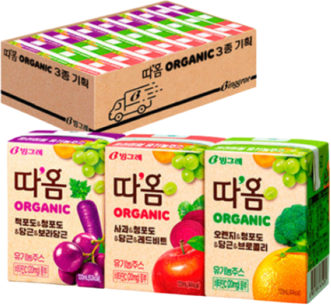 빙그레 따옴 오가닉 주스 3종 기획(오렌지브로콜리8+적포도보라당근8+사과레드비트8) 총 24개, 3종 혼합, 120ml