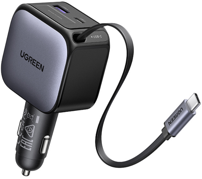 UGREEN 유그린 90W 차량용 릴타입 시거잭 고속 충전기 일체형 3포트 멀티충전기 C타입 2구+USB A 1구 시거잭 어댑터 빌트인 케이블 갤럭시 S25 S24 Ultra호환, Black, EC603