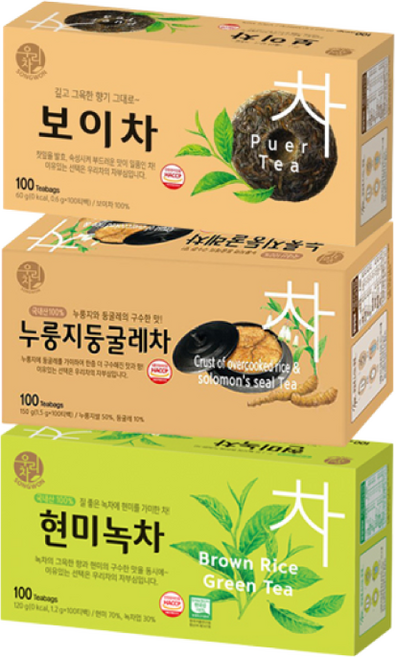 송원 현미녹차 100T +누룽지둥굴레차 100T +보이차 100T, 1개