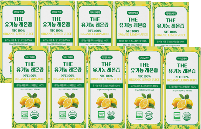 20mg x (15포) 유기농 스페인산 레몬즙 스틱 NFC 100% 레몬 과즙 착즙 비타민 유기가공식품인증 낱개포장 레몬수 레몬주스 레몬차 닥터오케이, 300g, 10박스