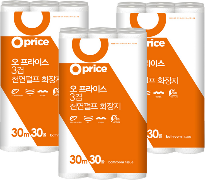 오프라이스 3겹 천연펄프 화장지 30m, 3개, 30롤