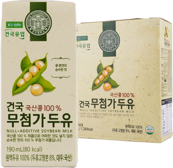 건국유업 국산콩 무첨가 두유, 190ml, 16개