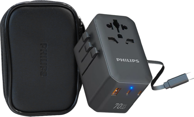 필립스 여행용 멀티어댑터 70W USB-C 고속충전 해외여행 + 파우치 증정, 그레이 CHP9004B, 1개, 1.5m