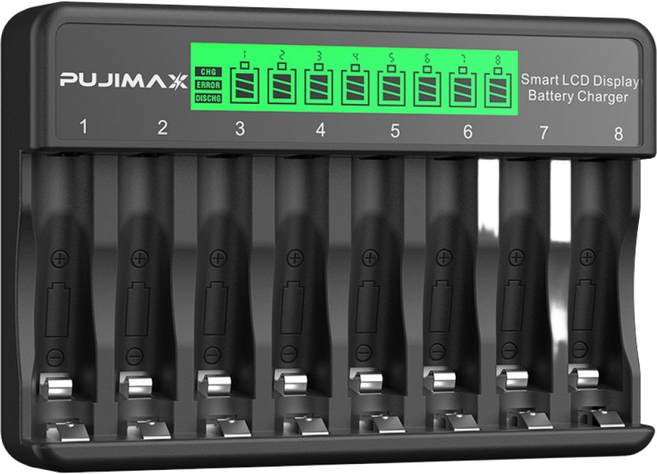 PUJIMAX AA AAA 1.2V Ni-MH 8슬롯 충전지 건전지 급속충전기 과충전방지 LCD표시 검색 케이스 충전기, 1개