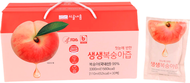 시골내음 생생 복숭아즙 100% 착즙 한여름 복숭아를 베어먹는 맛, 30개, 110ml, 30개