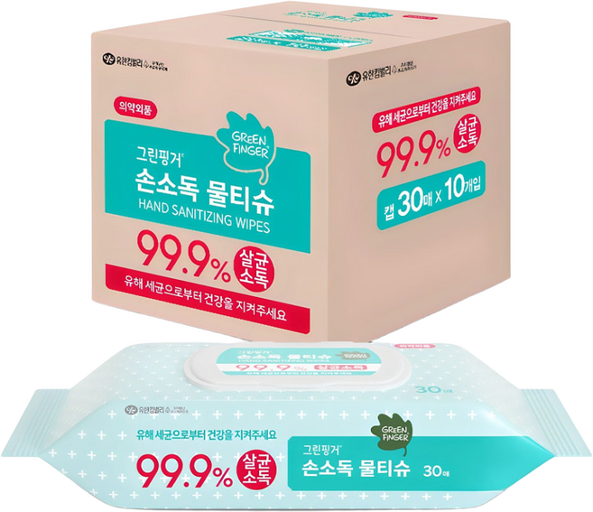 그린핑거 손소독 물티슈 캡형, 30매, 10개