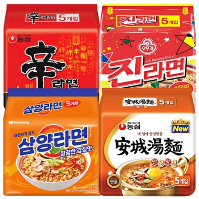 농심 신라면5+안성탕면5+오뚜기 진라면5+삼양라면5, 1세트