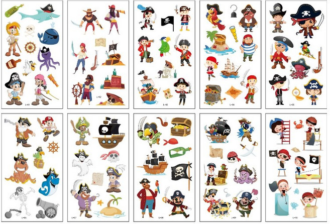 KC인증 어린이타투스티커 해적타투 헤나 문신 페이스페인팅 분장놀이 할로윈 크리스마스 집콕 어린이집 학교 수업 활동용 단체행사, 해적 야광 타입K 5종 1세트, 1개