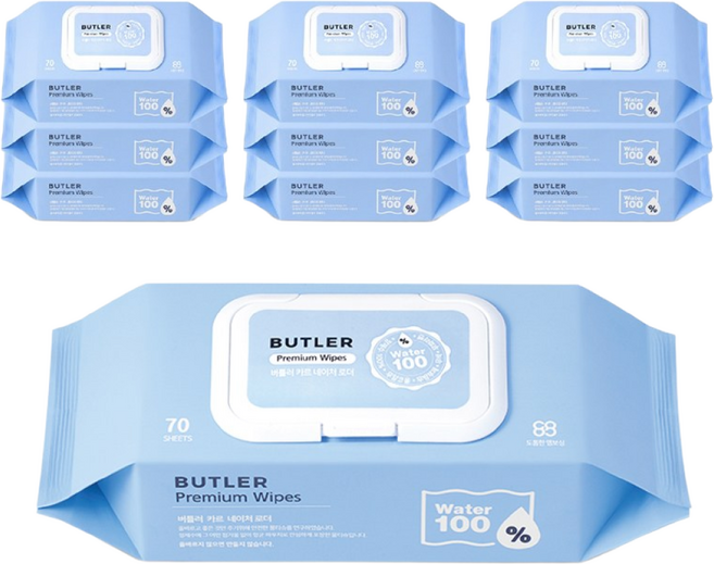 버틀러 카르 프리미엄 정제수100% 아기물티슈 엠보싱 캡형, 20개, 70매, 70g