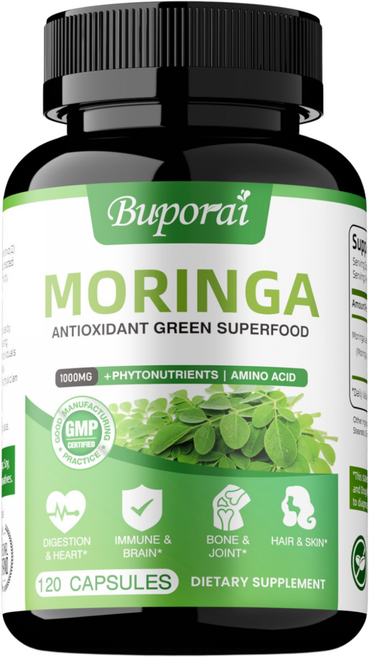 유기농 모링가 올레이페라 120캡슐 1000mg – 유기농 모링가 분말 캡슐 – 순수 모링가 잎 캡슐 에너지 천연 건강 및 면역 지원 – 비건 비GMO 모링가 보충제, 1개, 60정