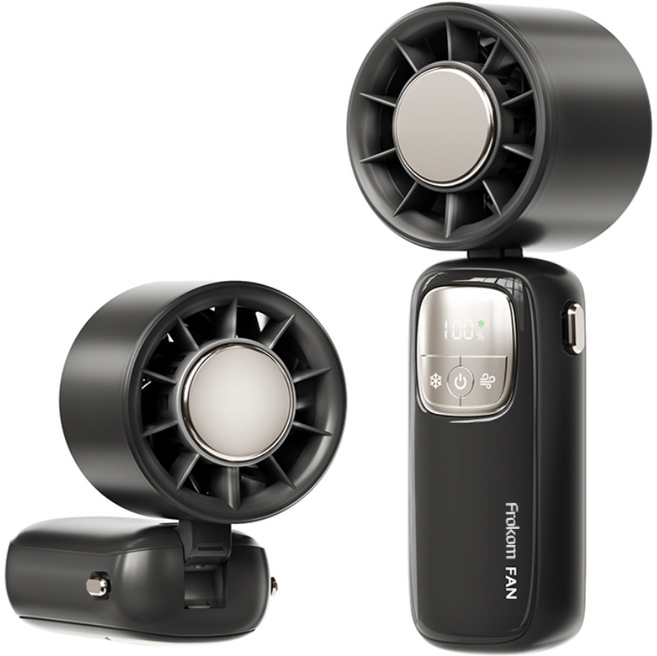 Frkom 급속쿨링 100단 휴대용 선풍기 아이스 고속 냉각 반도체 접이식 목걸이 선풍기, 블랙