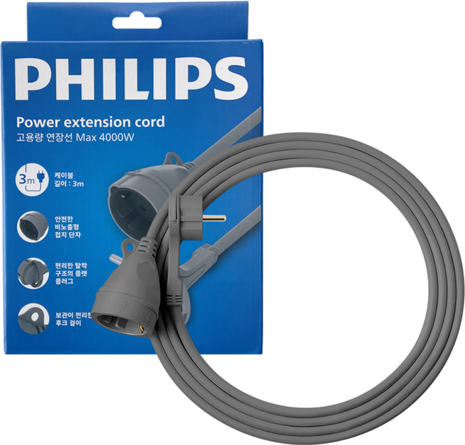 필립스 고용량 연장선 연장 케이블 납작 콘센트 1구 멀티탭, 1개, 3m, 그레이 CHP1110GB