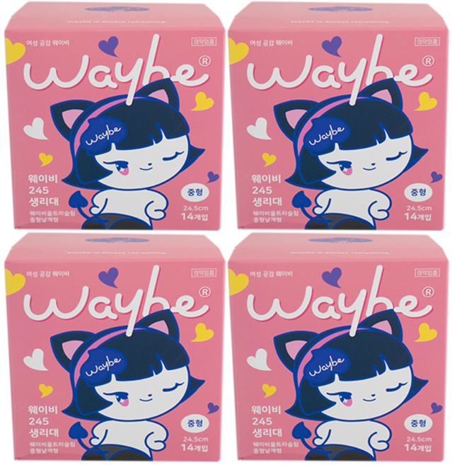 웨이비 생리대 순간흡수 드라이탑시트 울트라슬림, 4개, 14개입, 중형