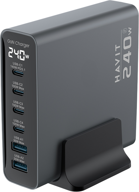 해빗 UCLE005 6포트 240W 초고속 GaN PD 멀티 고출력 충전기, 1개, 그레이