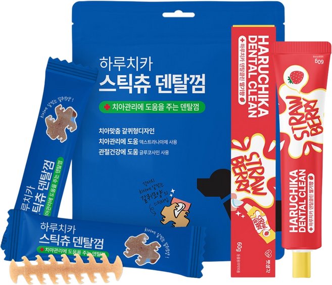 펫생각 하루치카 바르는 입냄새 치석 제거 강아지 치약 딸기 덴탈껌 세트, 스틱츄, 1세트, 168g