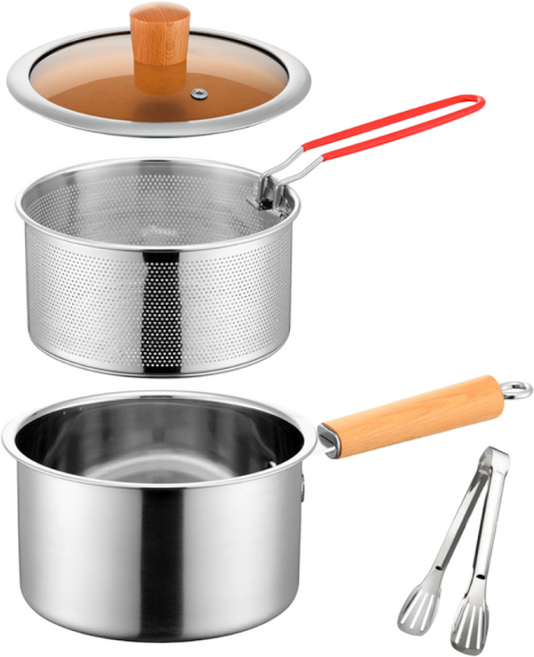 ZOZOFO 다용도 스텐 튀김냄비 2in1 스테인레스냄비 보관냄비 밀폐용기 오뎅냄비 캠핑튀김기 스텐 밀폐용기 스텐 편수 냄비 튀김바스켓 집게 포함, 1개, 스틸 원색, 20cm