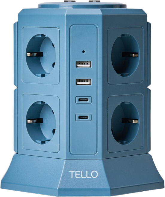 텔로 과부하차단 USB 타워 컬러 멀티탭 12구 KC인증 접지 안전 고급 멀티탭 선정리 가능한 인테리어 예쁜 귀여운 디자인 C타입 콘센트, 2m, 딥블루, 1개