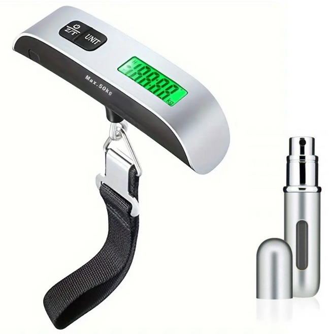 JK 핸디형 저울 50kg+향수공병 T자 스트랩형 디지털 손저울 기내용 캐리어 수하물 무게 측정 여행용, 1세트, OG093. 저울 핸디형 50kg 스트랩형 + 향수공병