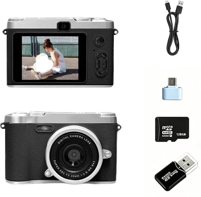 SMABAT 감성 디지털 카메라 듀얼 디지털 카메라 셀카 렌즈 내장 플래쉬 128G SD카드 포함, 블랙