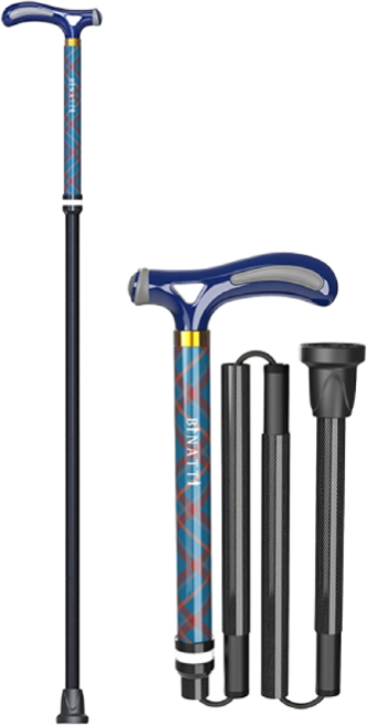 비나띠 SF01 5단계 높이조절 가벼운 접이식 휴대용 노인 카본지팡이 296g, 1개, 블루